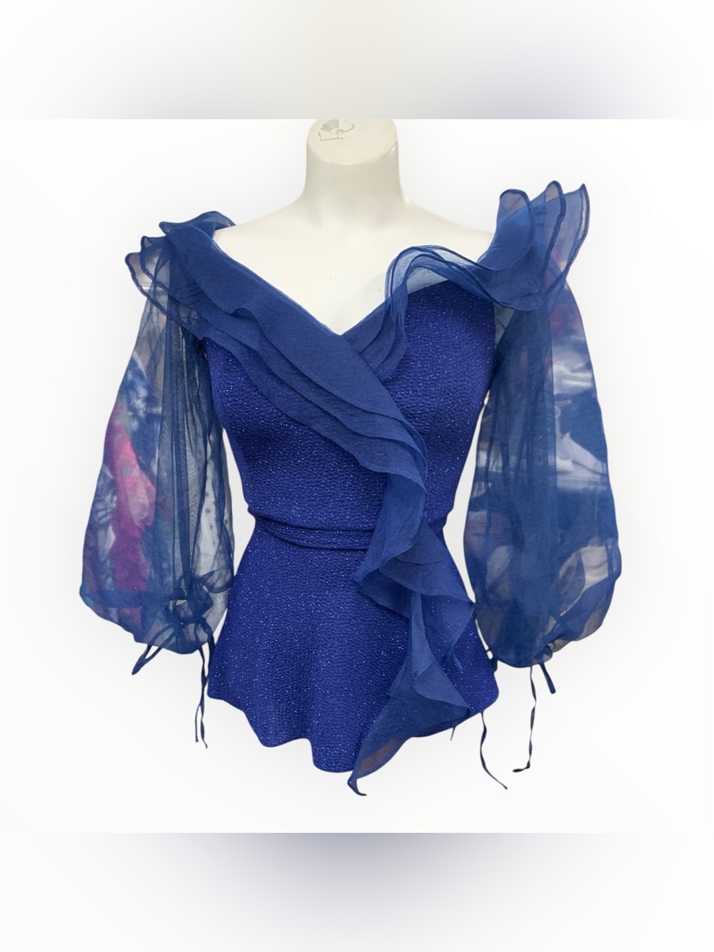 Point Zero Royal Blue Ruffle V-Neck Blouse with Sheer Puff Sleeves Size XS